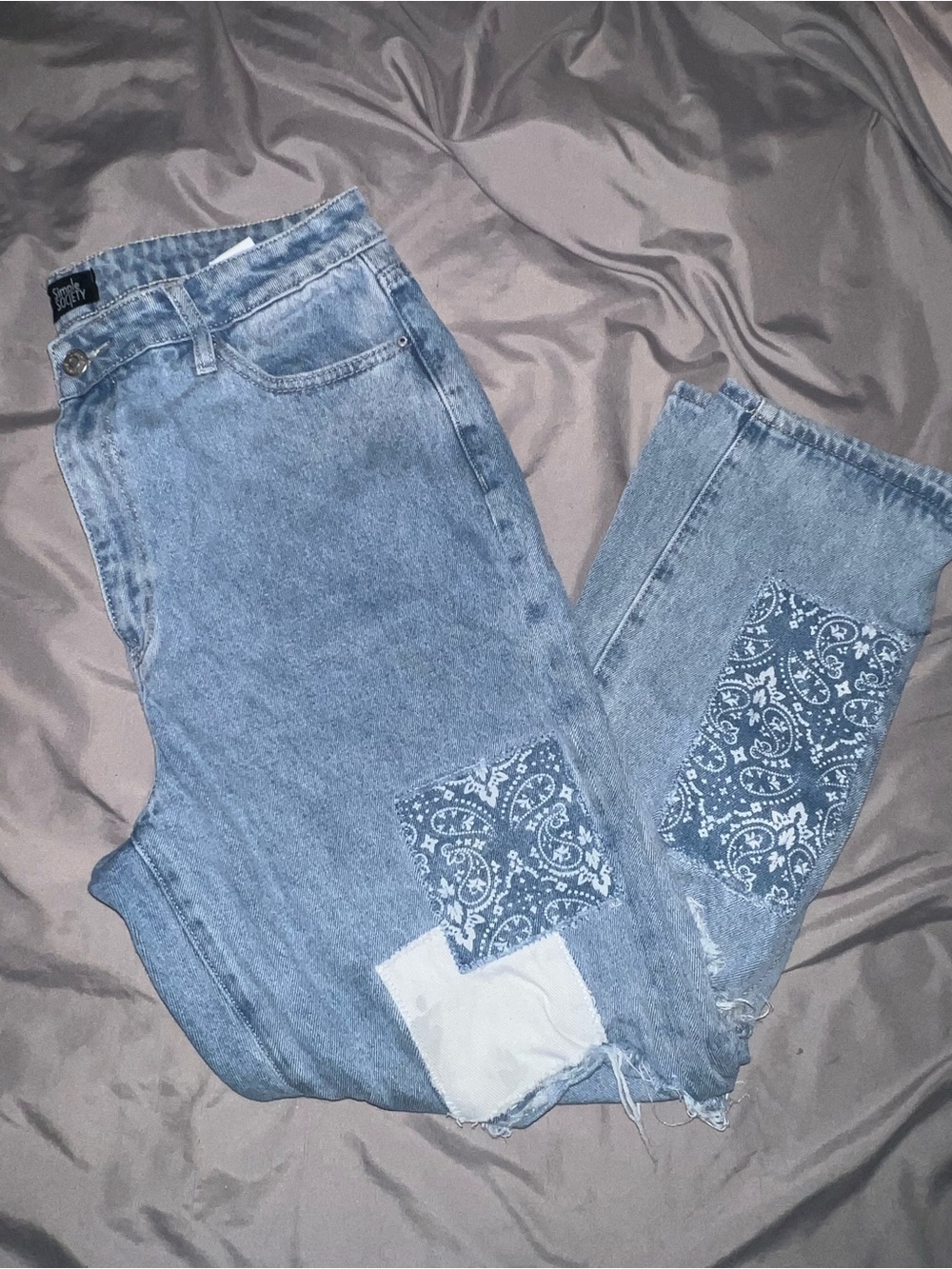 Light Blue Patchwork Straight Leg Jeans with Bandana Detail